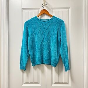 Vintage Evan Picone Chenille Cable Knit Teal Blue Sweater